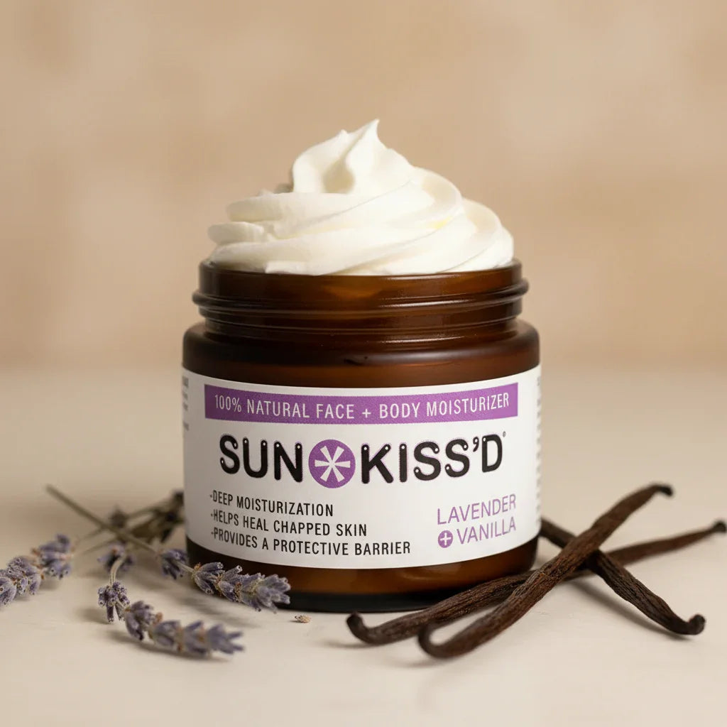 Sunkiss'd Lavender Vanilla Moisturizer styled product photo with lavender sprigs