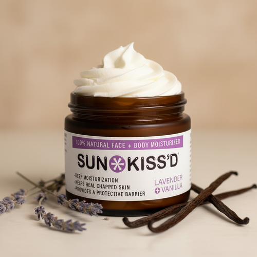 Sunkiss'd Lavender Vanilla Moisturizer styled product photo with lavender sprigs