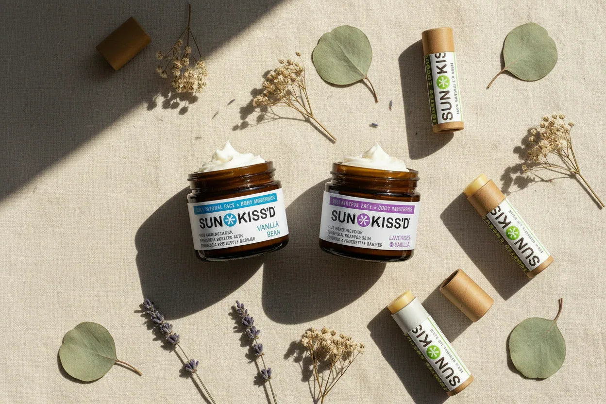 Natural tallow skincare jars and lip balms with botanical ingredients on beige fabric